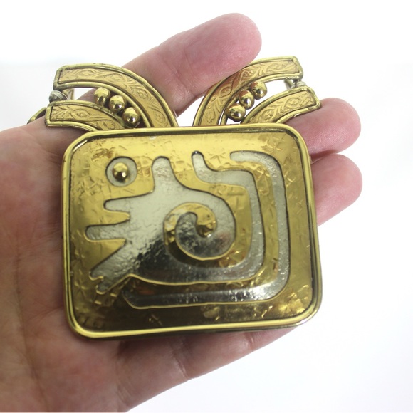Vintage Modernist Statement Necklace IXEL Mexican Designer Gold Brass and Silver - Picture 3 of 9